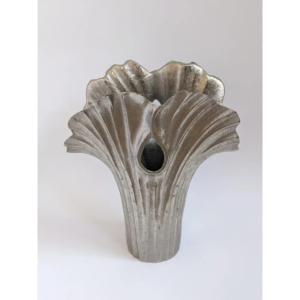 Postmodern Ginkgo Leaf Metal Vase Cast Aluminum? Sculptural Silver Decor 12.5
